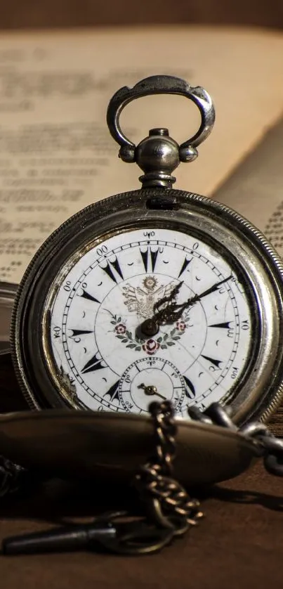 Vintage pocket watch and book with glasses on a brown background.