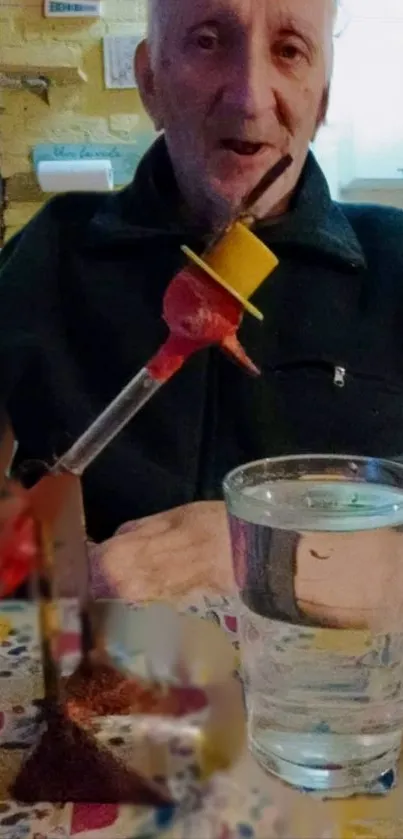 Elderly man with vintage toy and glass of water.