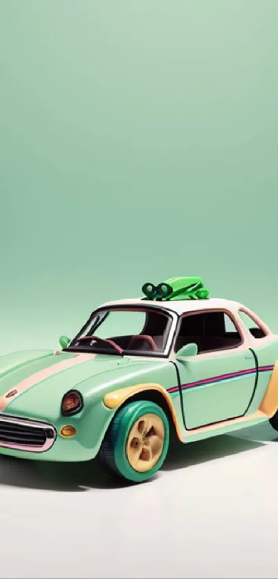 Mint green vintage toy car on seamless background wallpaper.