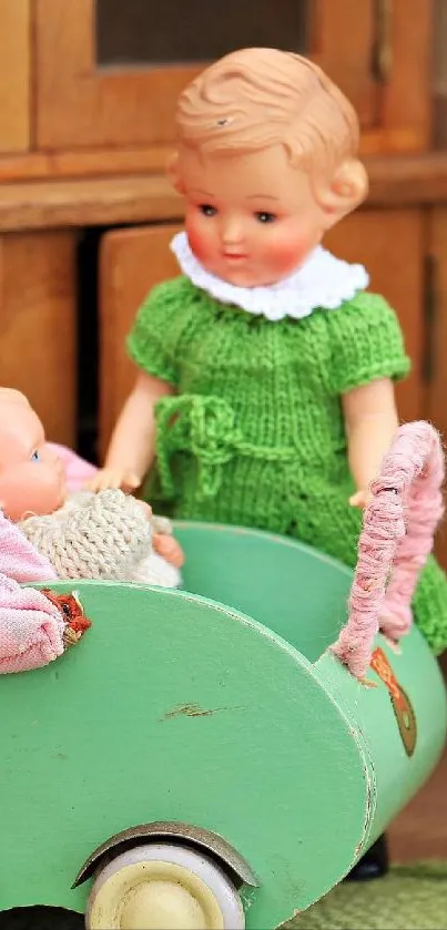 Vintage dollhouse nursery scene with toys.