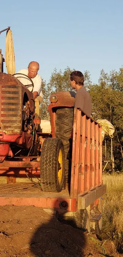 Vintage tractor in a golden field under sunset skies.