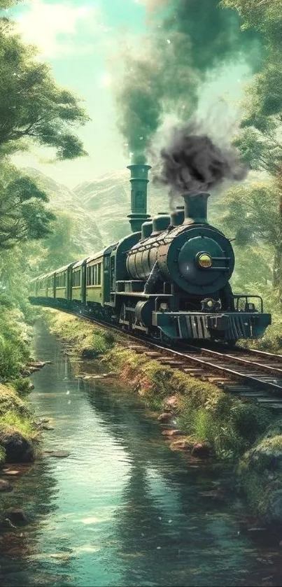 Vintage train journey through lush, green forest with scenic views.