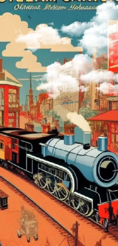 Vintage illustration of a train with colorful cityscape background.