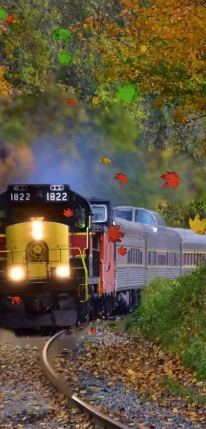 Vintage train surrounded by vibrant autumn leaves on tracks.