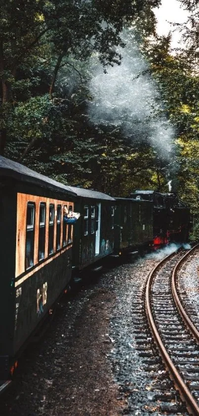 A vintage steam train passes through a dense forest on a curved track.