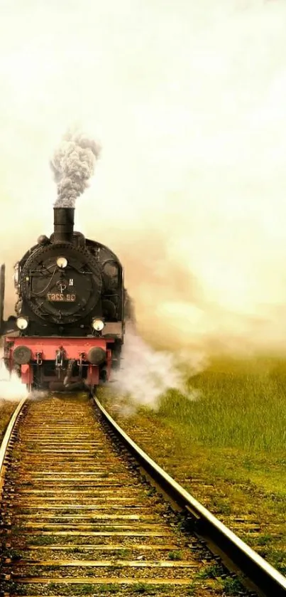 A steam train on misty railway tracks, evoking vintage travel vibes.