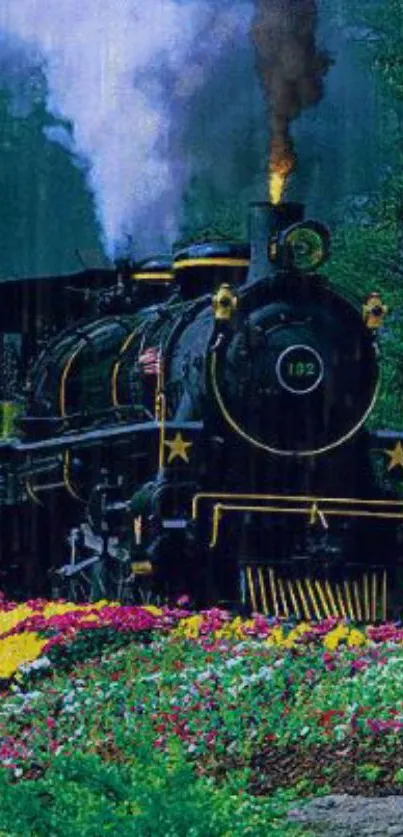 Vintage steam train amidst lush greenery and colorful flowers.