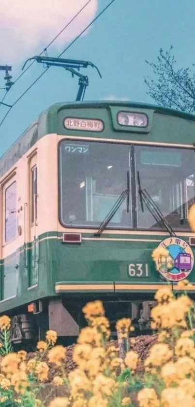 Vintage green train with yellow flowers under a blue sky.