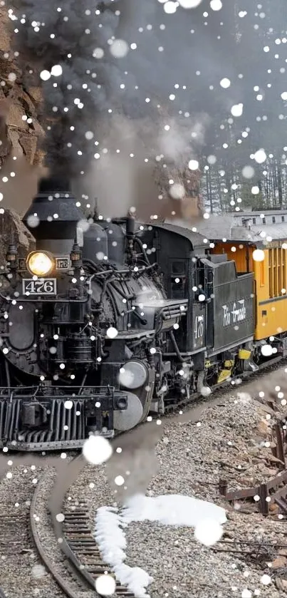 Steam train moving through a snowy landscape with falling snowflakes.