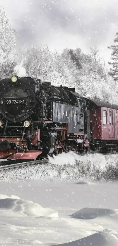 Vintage train moves through snowy winter landscape.