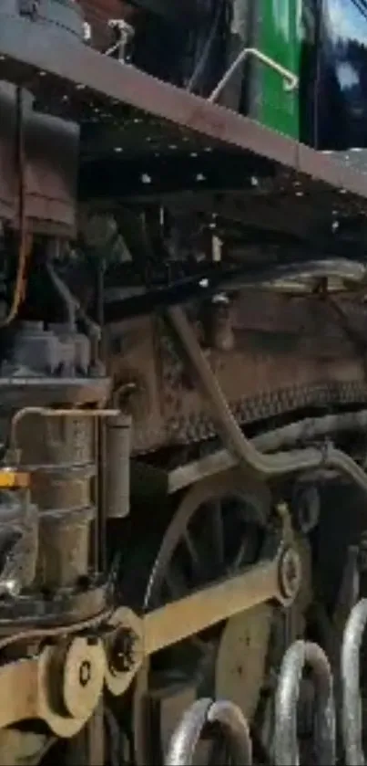 Close-up view of vintage train engine machinery, showcasing industrial details.