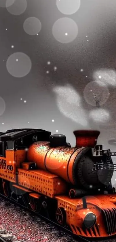 Vintage orange steam train on a railway track.