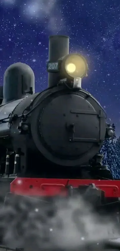 Vintage steam train under starry night sky, perfect for mobile wallpaper.