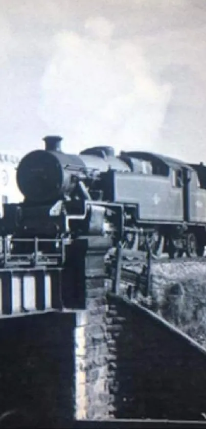 Vintage train on a bridge in black and white photo wallpaper.