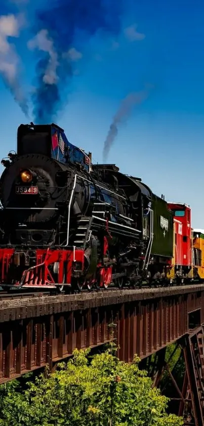 Vintage train crossing a scenic bridge with a blue sky backdrop.