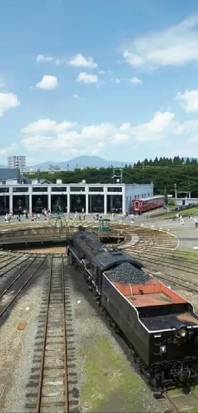 Vintage train on tracks with a scenic nature background.