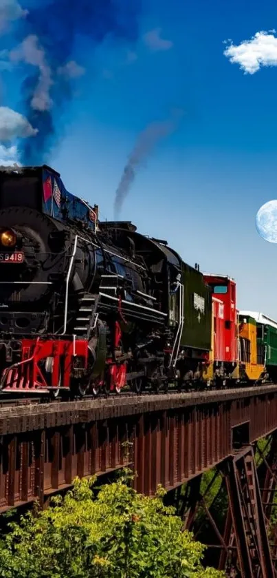 Vintage steam train on bridge under blue sky with moon.