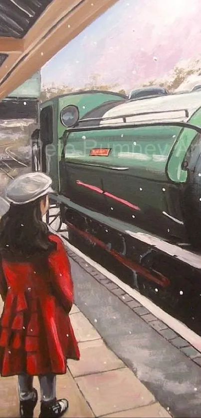 A painting of a girl in red near a vintage steam train at a snowy station.