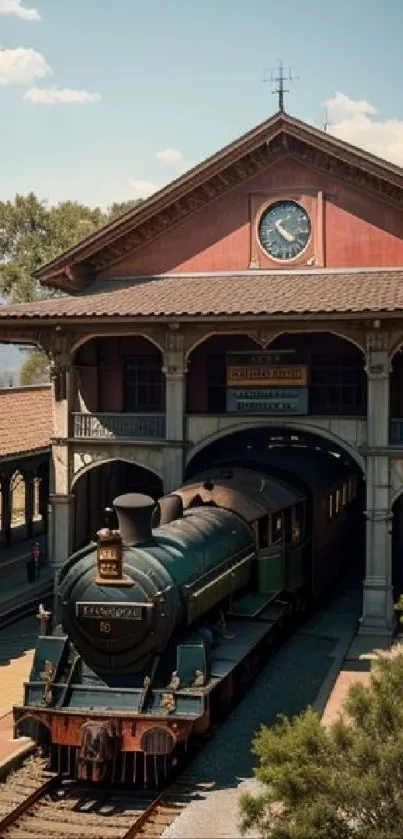 Vintage train station with steam engine.