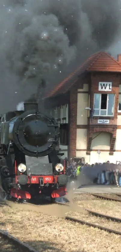 Vintage steam train passing old station in atmospheric scene.