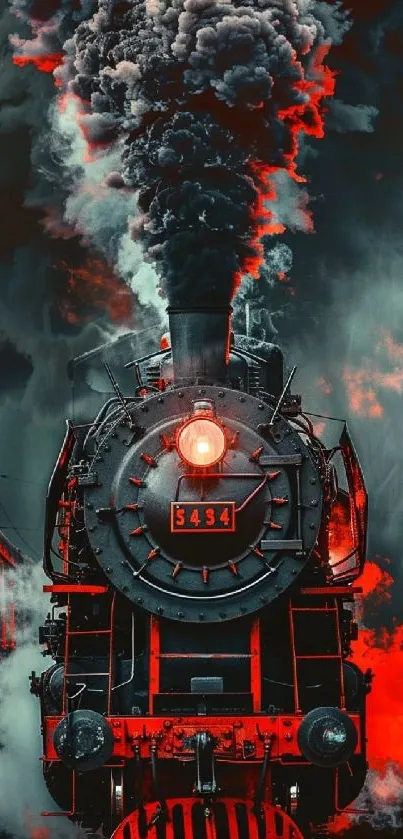 Vintage steam train with fiery red smoke on a dark background.