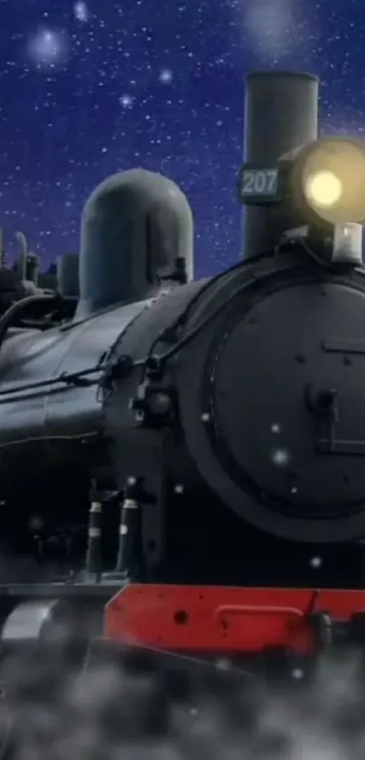 Vintage train under a starry night sky with glowing headlight.