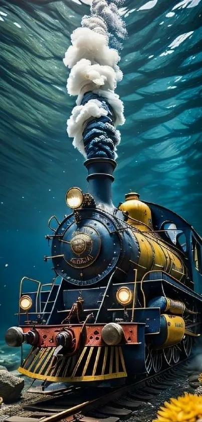 Surreal vintage train travels through underwater world.