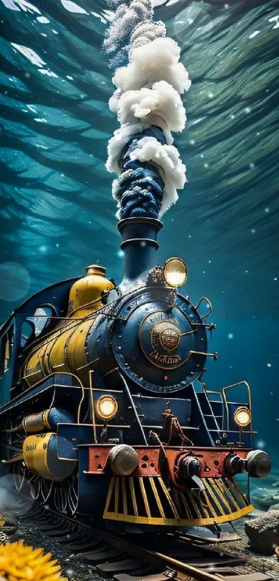 Vintage steam train travels underwater in fantasy art wallpaper.