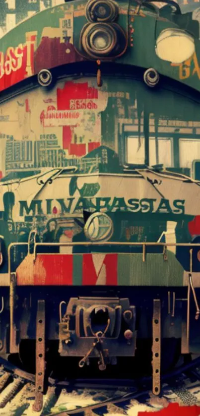 Vibrant vintage train with artistic graffiti design on mobile wallpaper.