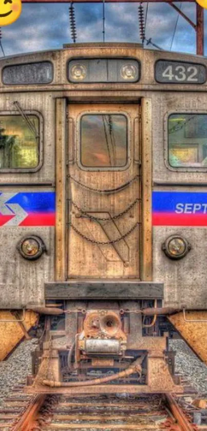 Vintage SEPTA train with emojis overlaid on the backdrop.