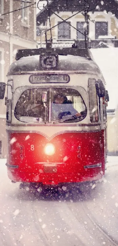 Vintage red tram in snowy winter street scene.