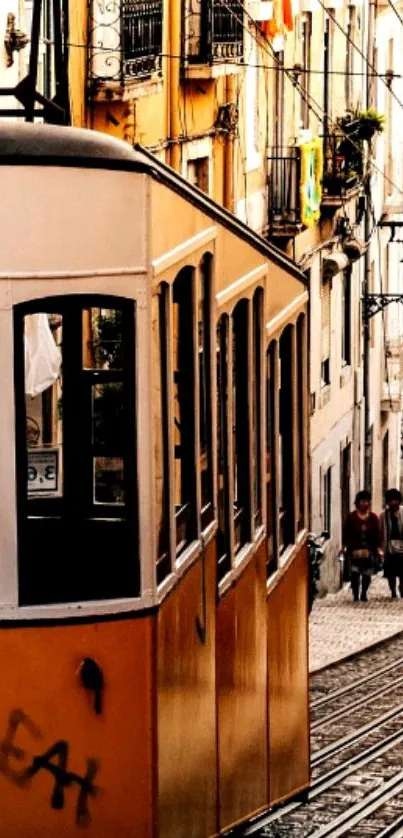 Vintage Lisbon tram on a narrow street, showcasing urban charm.