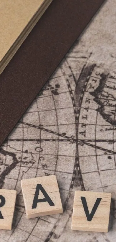 Vintage travel-themed wallpaper with world map and Scrabble tiles spelling 'Travel'.