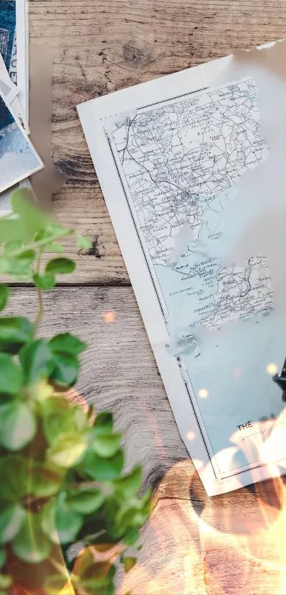 Vintage travel wallpaper featuring a map and camera on a wooden surface.