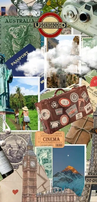Vintage travel collage featuring iconic landmarks and travel memorabilia.