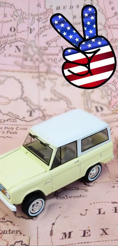 Vintage car on a retro map with peace symbol.