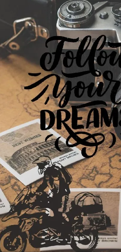 Vintage travel wallpaper with camera and inspiring message.