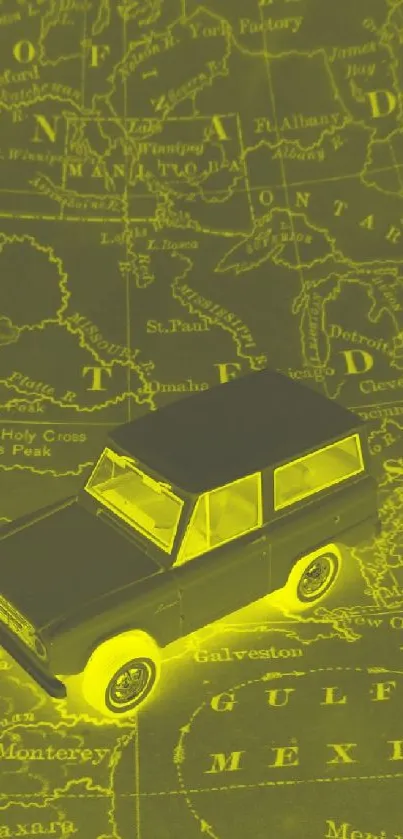 Vintage travel map with a toy car in yellow overlay.