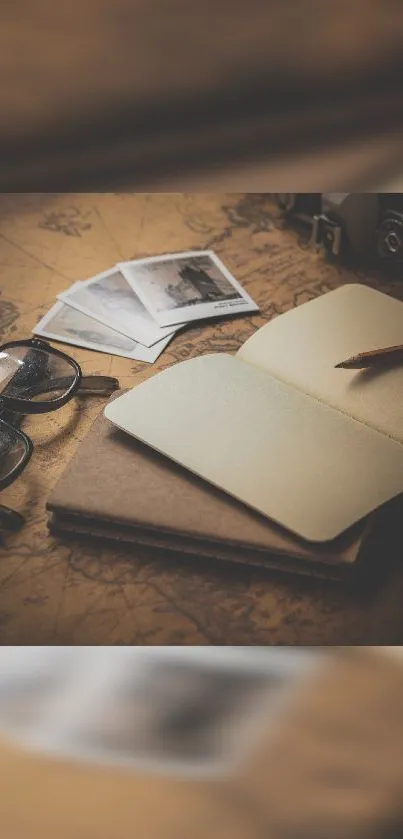 Vintage travel notebook with map and camera in sepia tones.