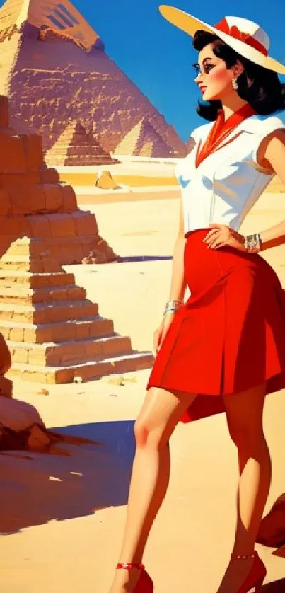 Stylish woman in red skirt by pyramids on vintage travel wallpaper.