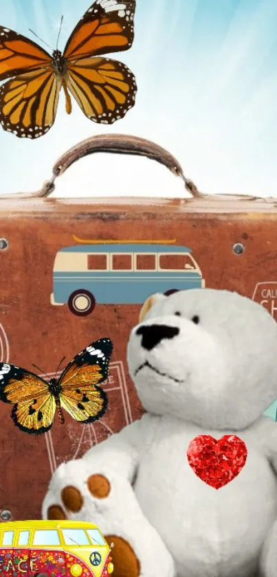 Vintage teddy and butterflies with travel theme in brown.