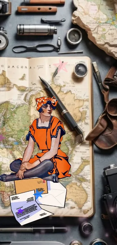 Vintage travel wallpaper with map and sketch figure in orange dress.