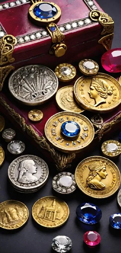 A collection of vintage coins and jewels in an ornate red chest on a dark background.