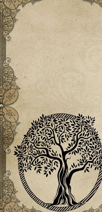 Vintage beige wallpaper with black tree design.