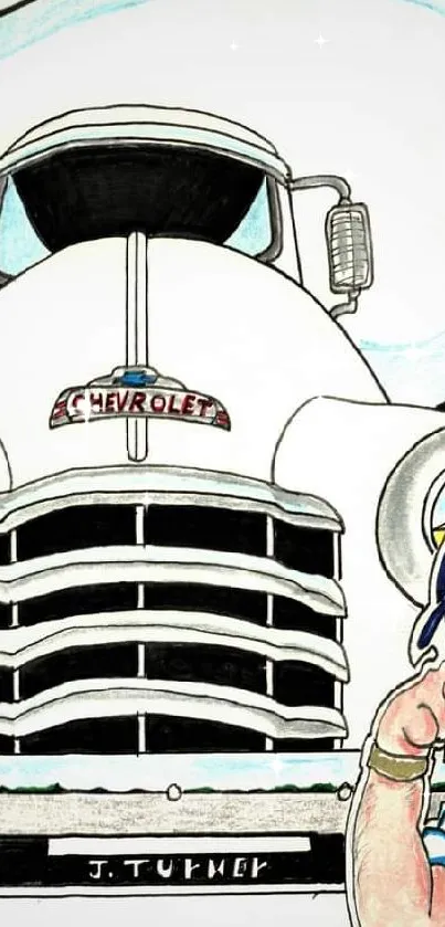 Cartoon illustration of a vintage Chevrolet truck with a bearded man.