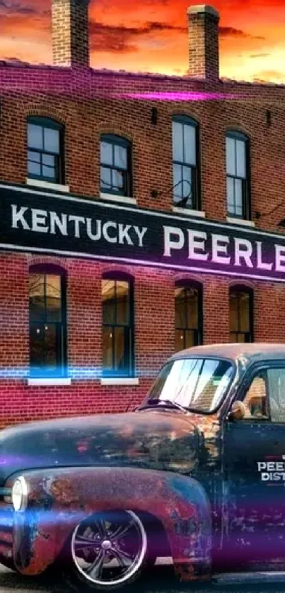 Vintage truck in front of sunset-lit distillery building.