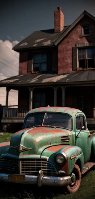 Vintage turquoise truck parked by an old house on a sunny day.