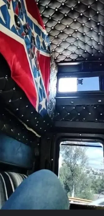 Vintage truck cabin interior with leather and flag detailing.