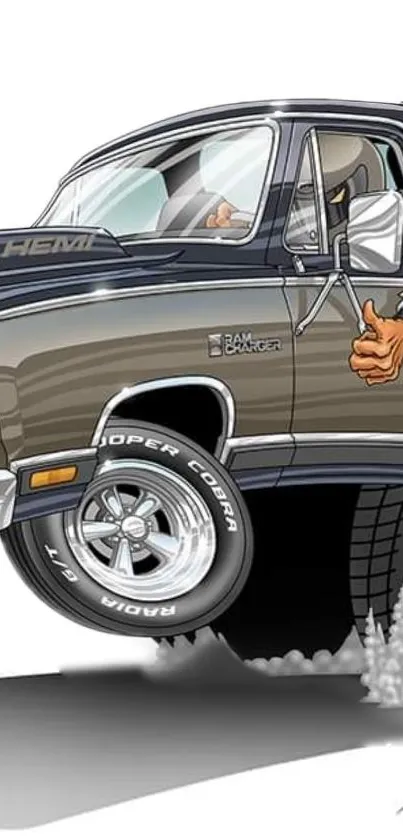 Cartoon illustration of a vintage truck with Hemi engine.