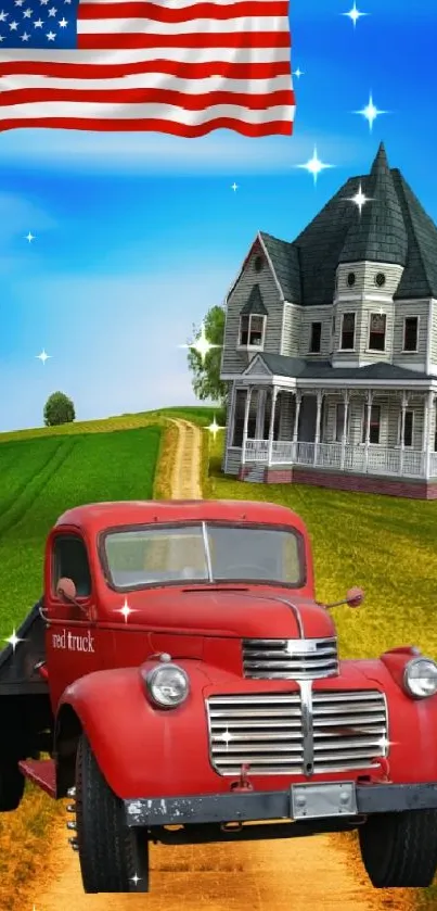 Vintage red truck on country road under blue sky with farmhouse and American flag.